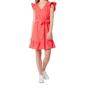 Vibrant Coral Ruffle Sleeve MIDI Dress